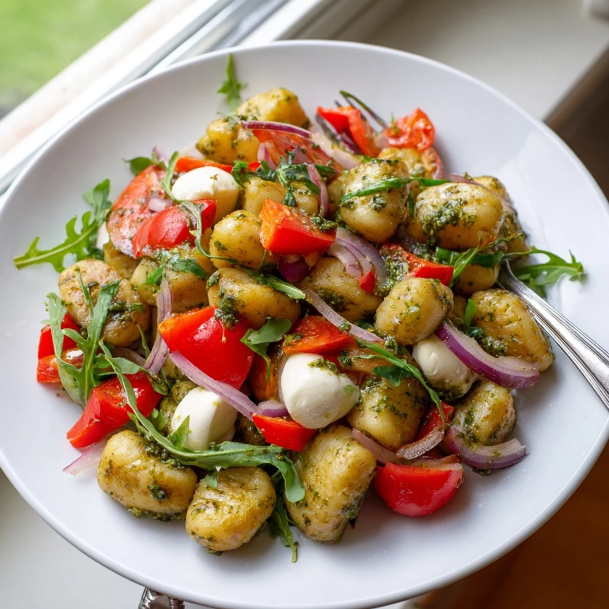 Golden roasted gnocchi salad with colorful tomatoes, mozzarella, and vibrant basil pesto dressing