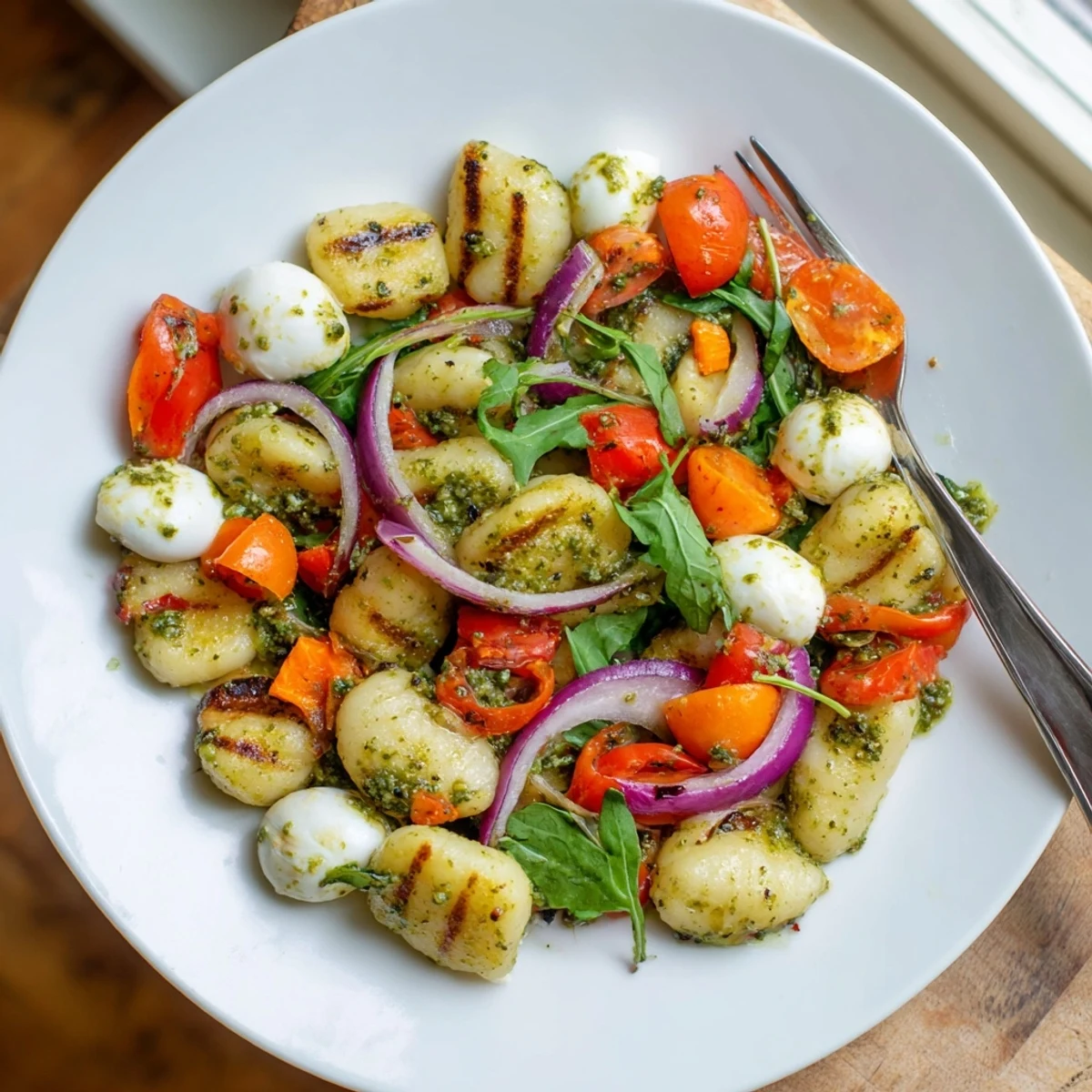 Crispy potato gnocchi tossed with zesty pesto, arugula, and cherry tomato medley