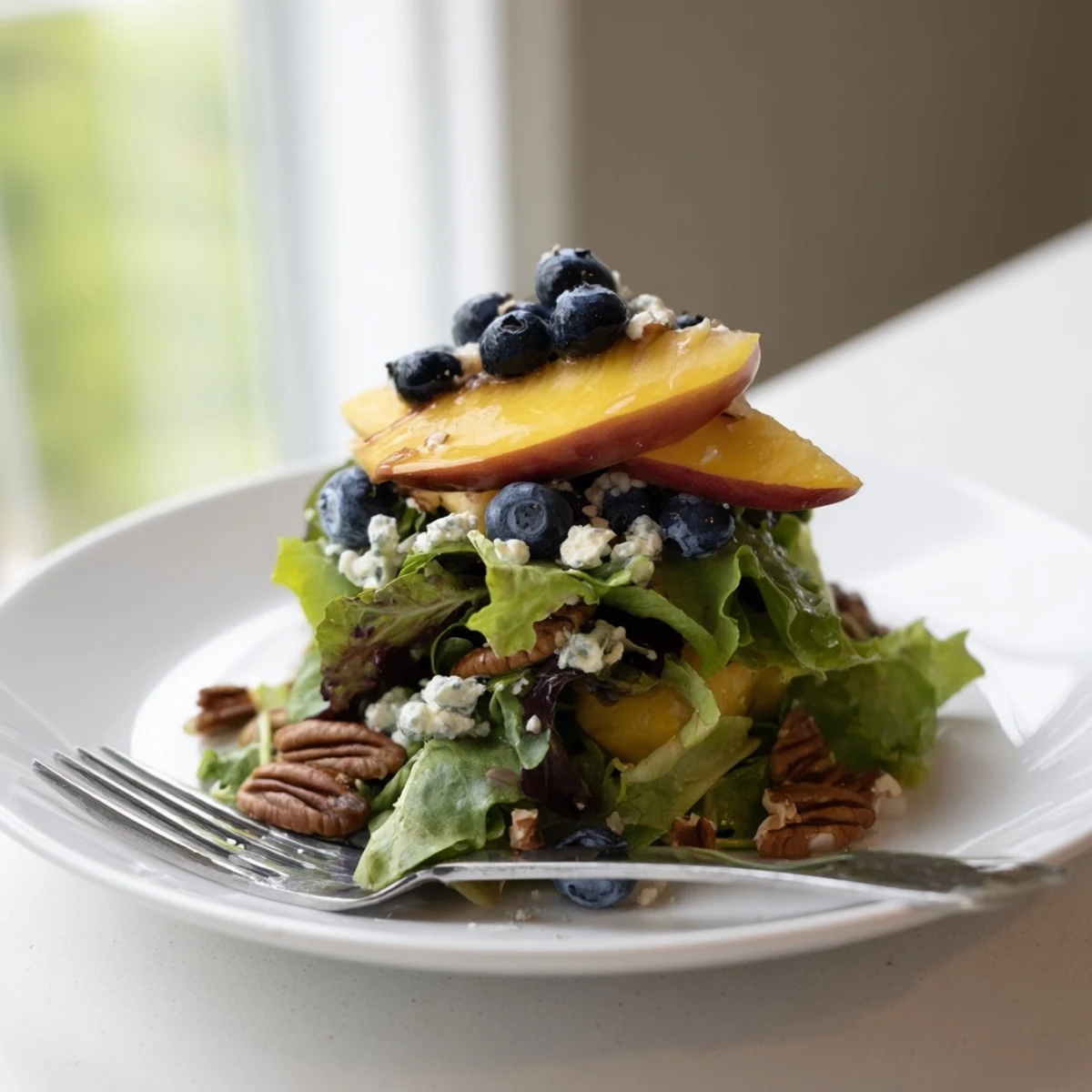 Fresh blueberry peach salad with crumbled feta and mixed greens drizzled with balsamic dressing