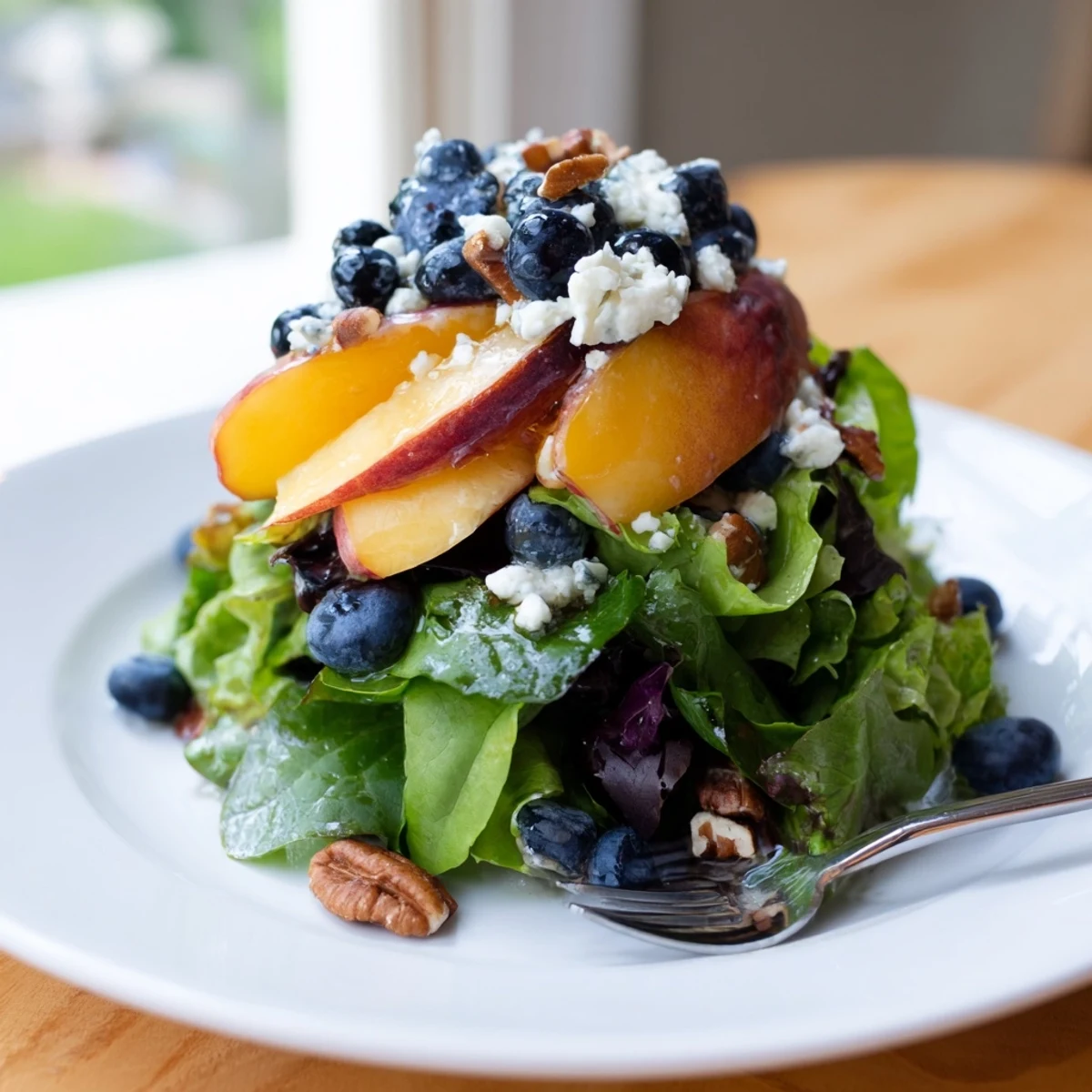 Vibrant blueberry peach feta salad topped with toasted pecans and homemade honey balsamic vinaigrette