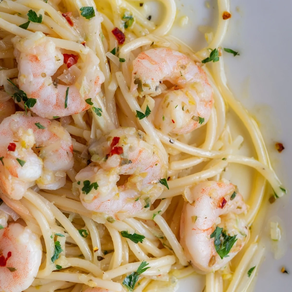 Golden shrimp scampi pasta glistening with garlic butter sauce and fresh parsley