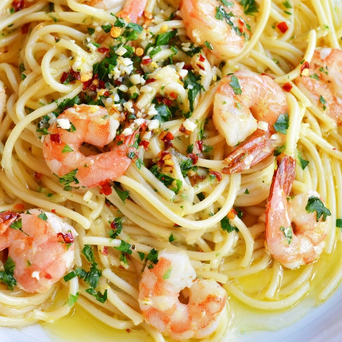 Steaming plate of shrimp scampi pasta featuring plump shrimp in lemon white wine sauce