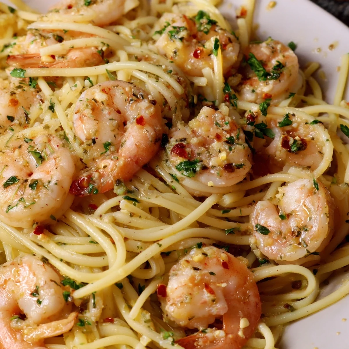 Al dente shrimp scampi pasta tossed with garlic butter and garnished with lemon wedges