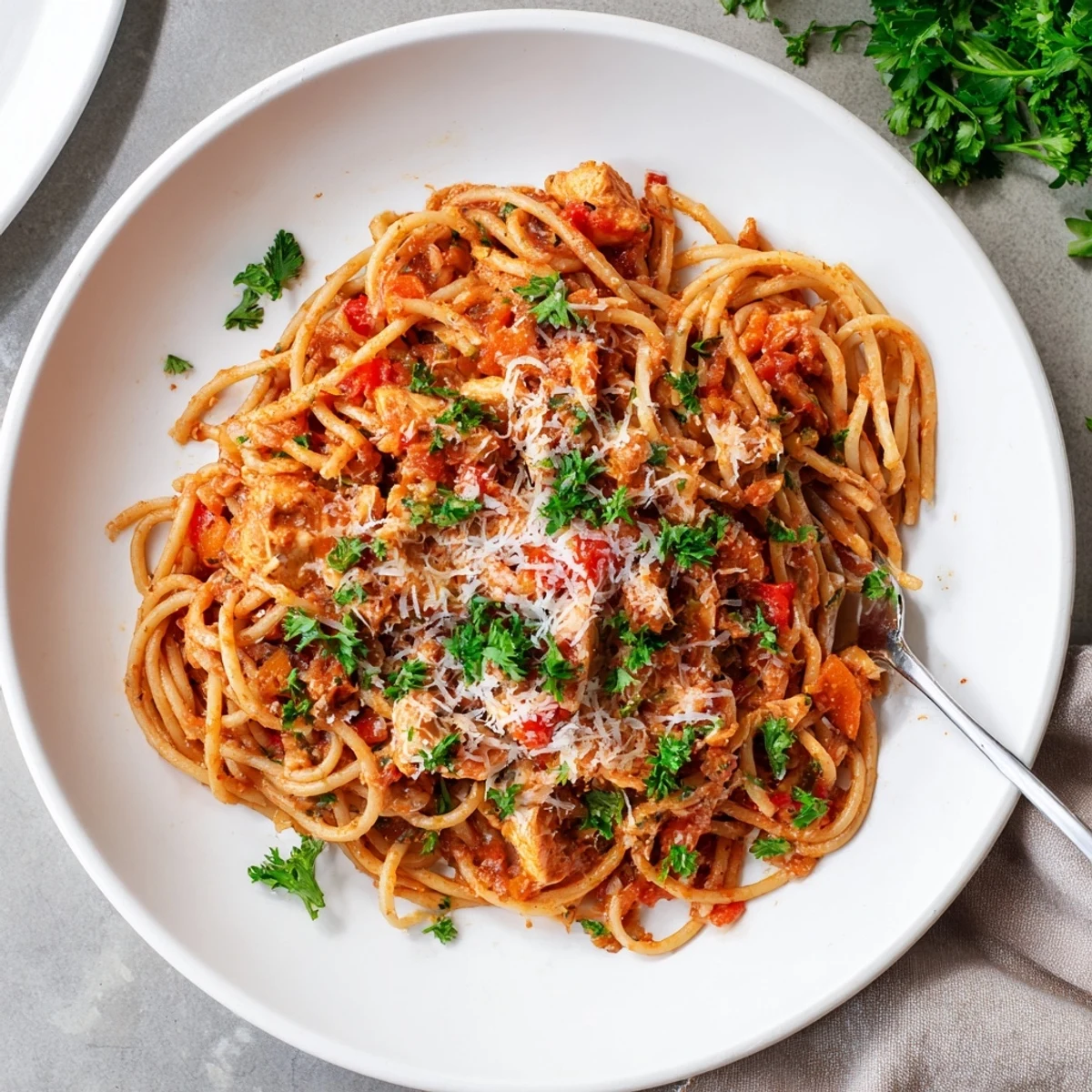 Steamy bowl of savory Instant Pot chicken spaghetti with tender pasta in rich tomato sauce