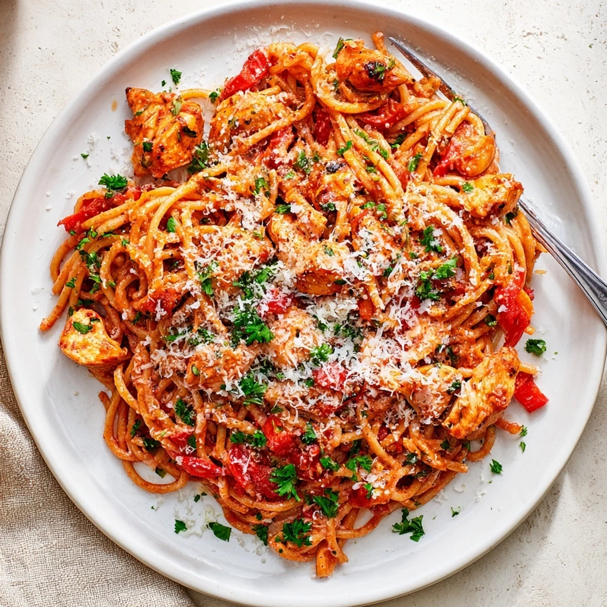 Close-up of cheesy Instant Pot chicken spaghetti garnished with fresh parsley and parmesan