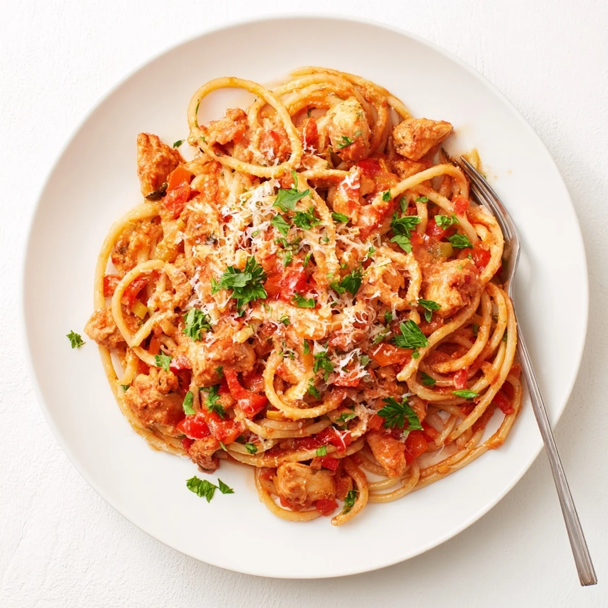 Comforting one-pot meal featuring savory Instant Pot chicken spaghetti with chunks of juicy chicken