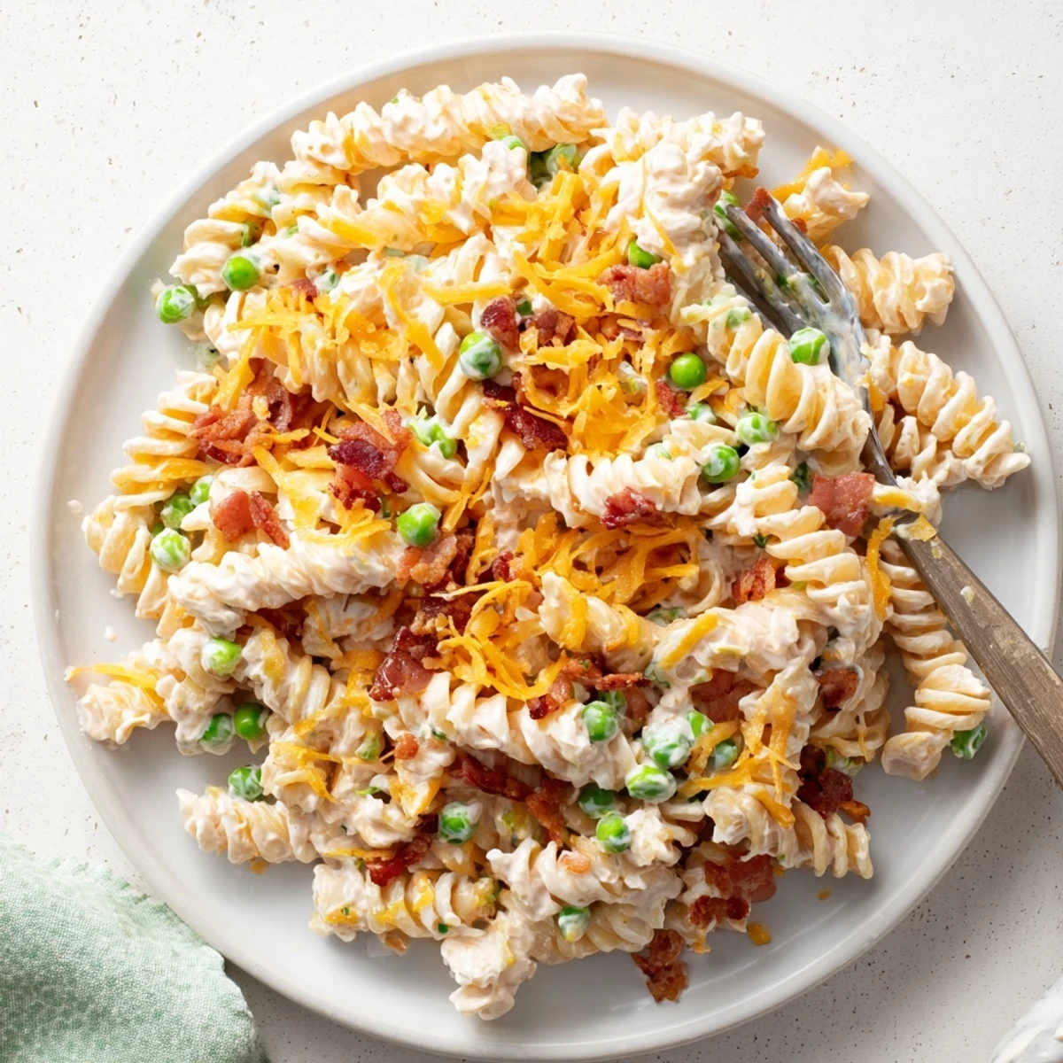 Cold pasta salad with cheddar, bacon bits, and peas in a creamy dressing