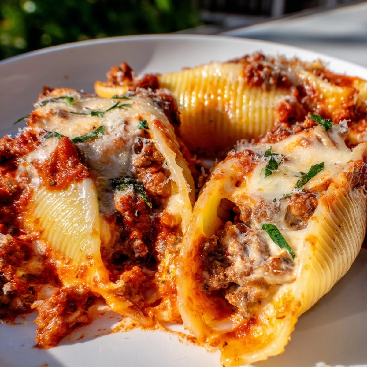 Tender jumbo pasta shells filled with savory beef ricotta mixture in creamy tomato sauce