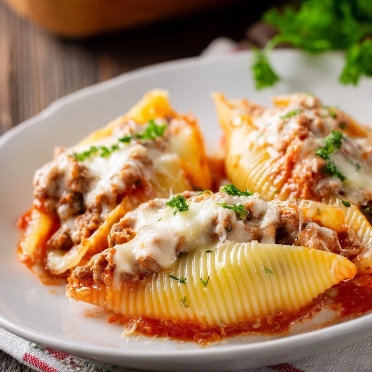 Golden cheesy beef stuffed shells recipe bubbling in a baking dish with melted mozzarella topping