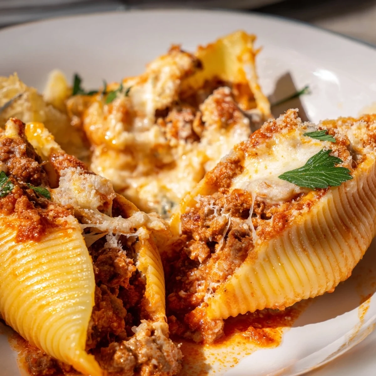 Comforting Italian-American beef stuffed shells recipe topped with bubbly golden cheese and fresh parsley