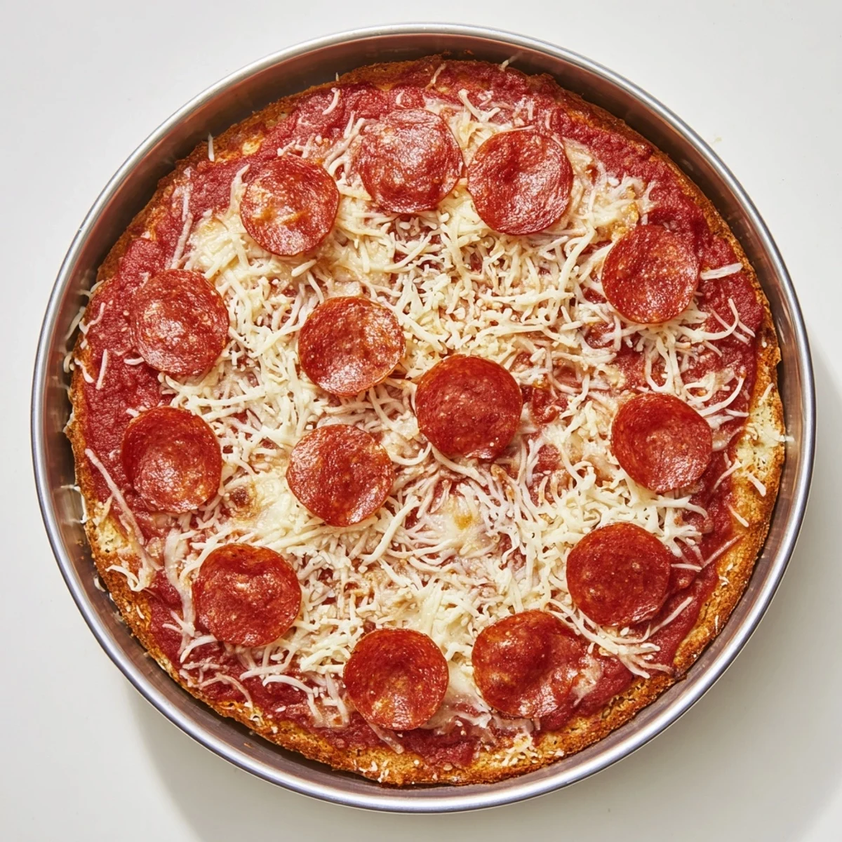 Freshly baked pan pizza featuring pepperoni slices on a chewy thick golden brown crust