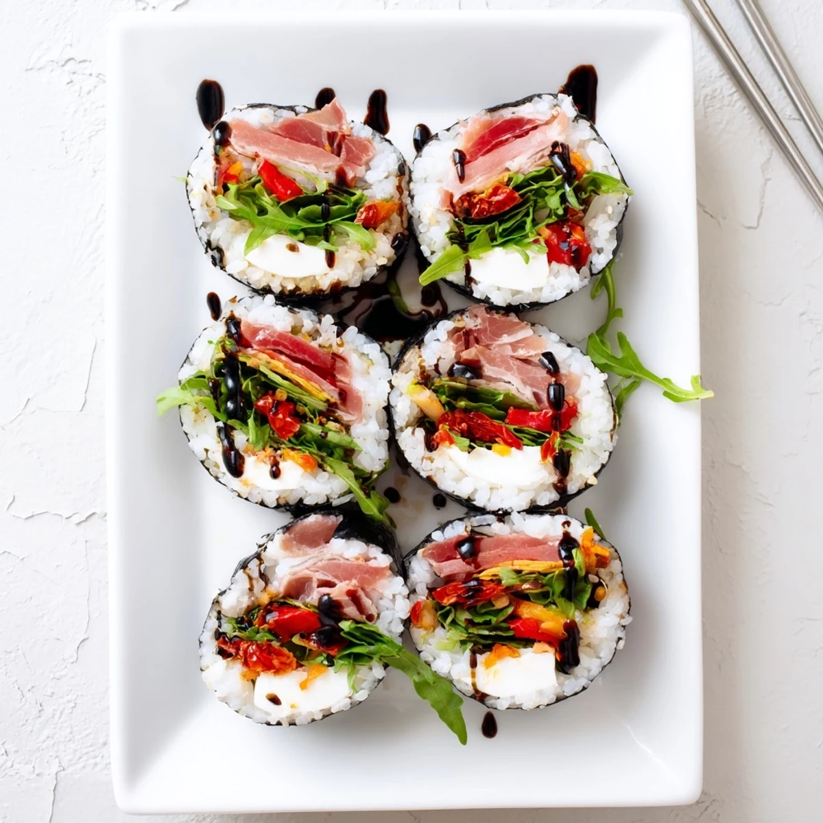 Colorful Italian sushi roll featuring prosciutto, mozzarella, and roasted peppers wrapped in nori
