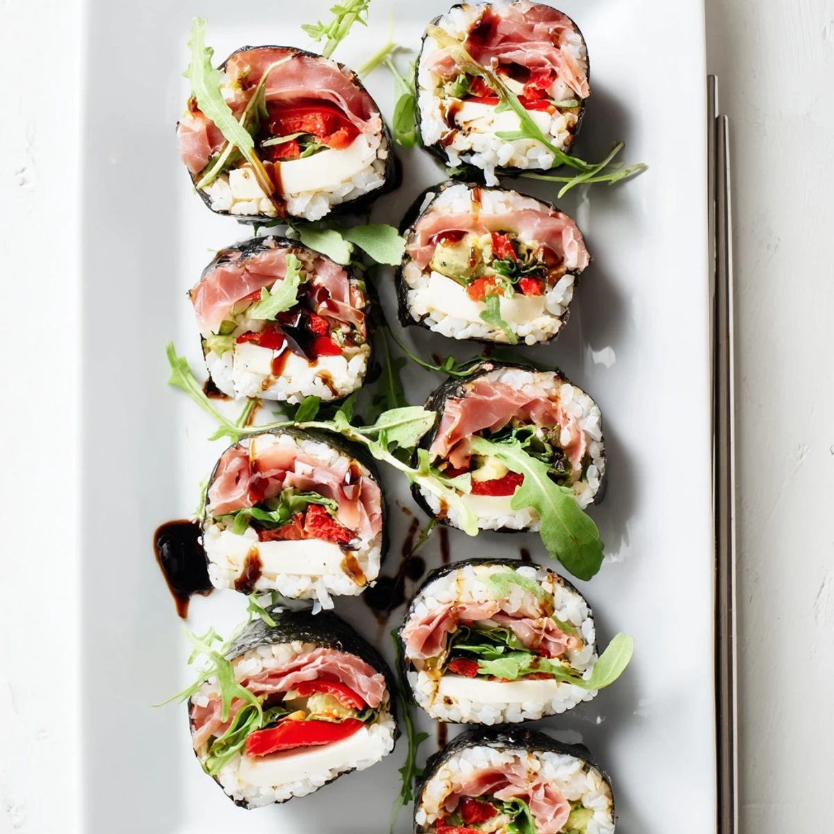 Fusion appetizer of sushi rice rolled with fresh basil, sun-dried tomatoes, and arugula