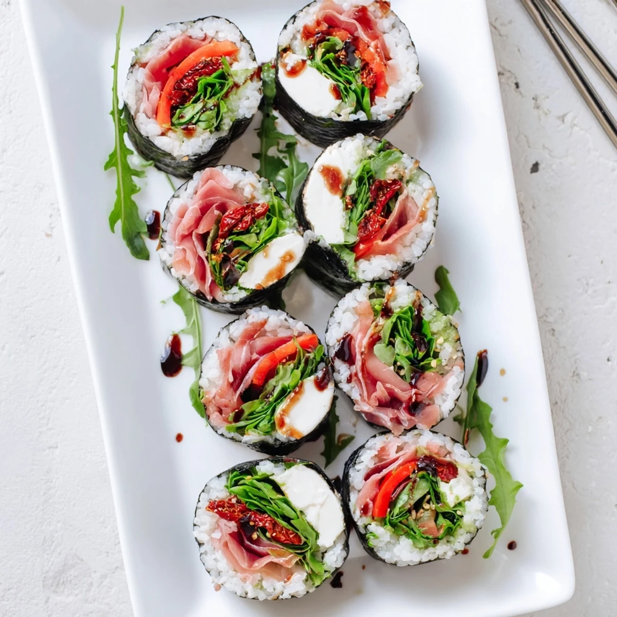 Creative Italian sushi slices drizzled with balsamic glaze on a white serving platter