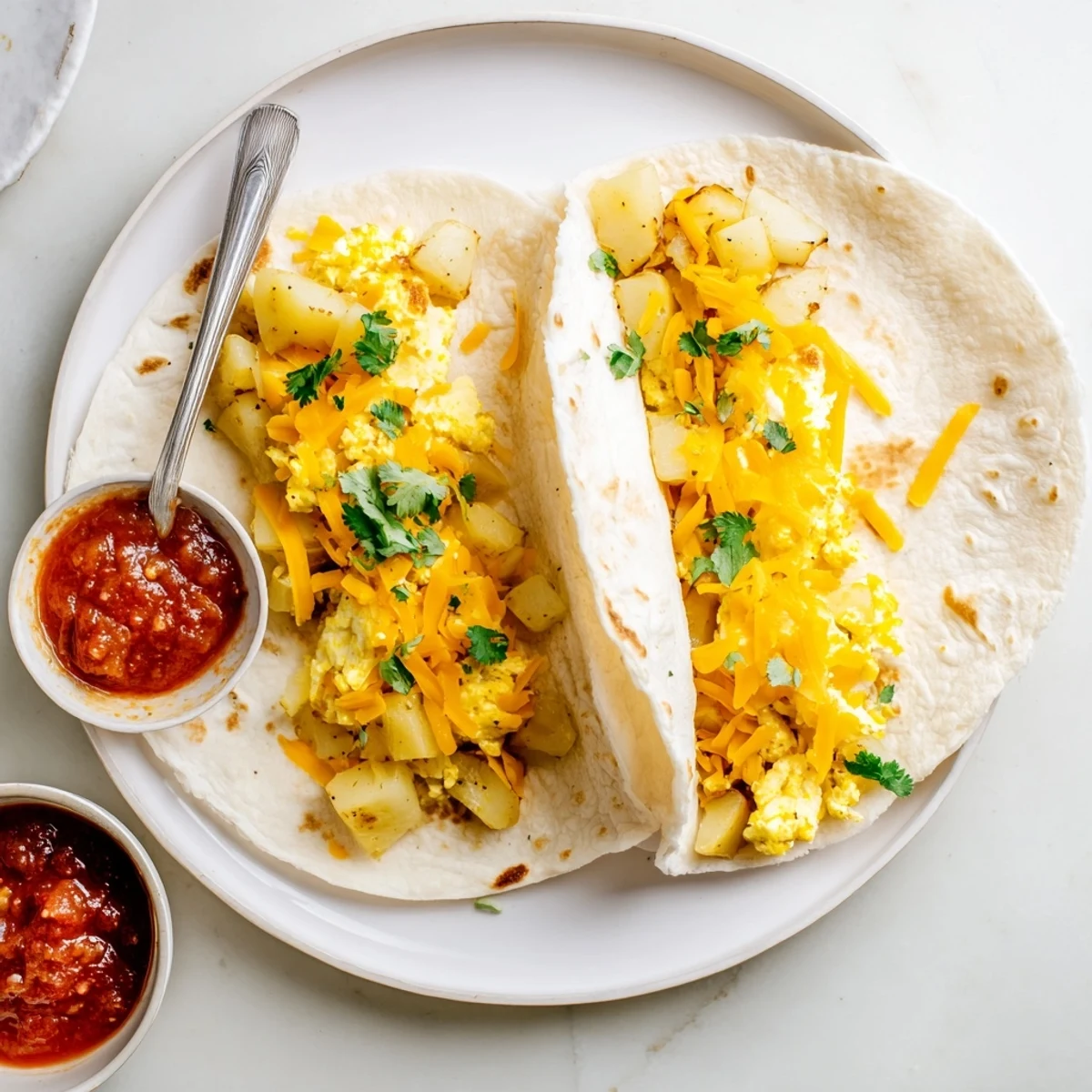 Golden potato egg cheese breakfast tacos filled with fluffy scrambled eggs and melted cheddar