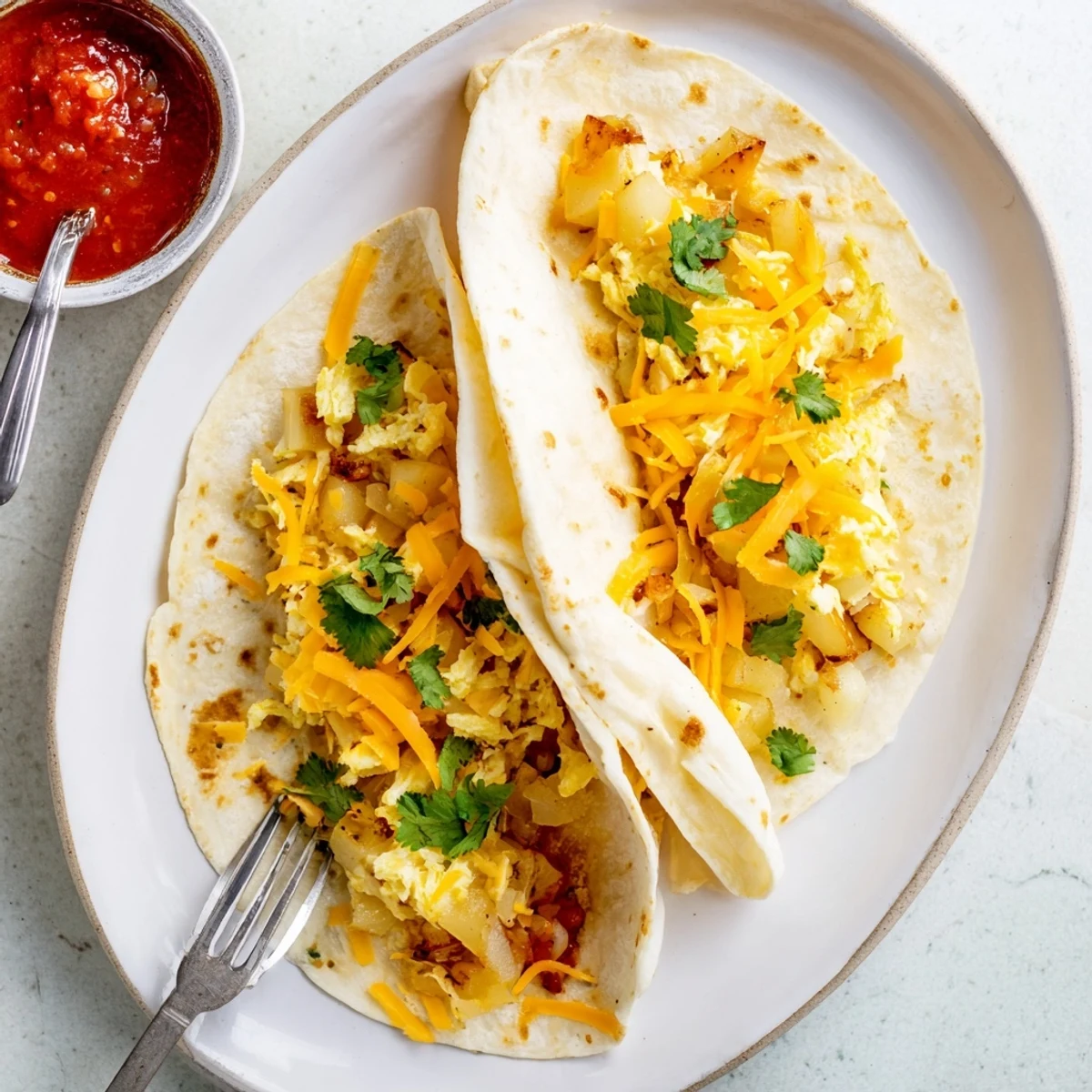 Warm flour tortillas loaded with crispy potatoes, eggs, and cheese for a hearty Tex-Mex morning