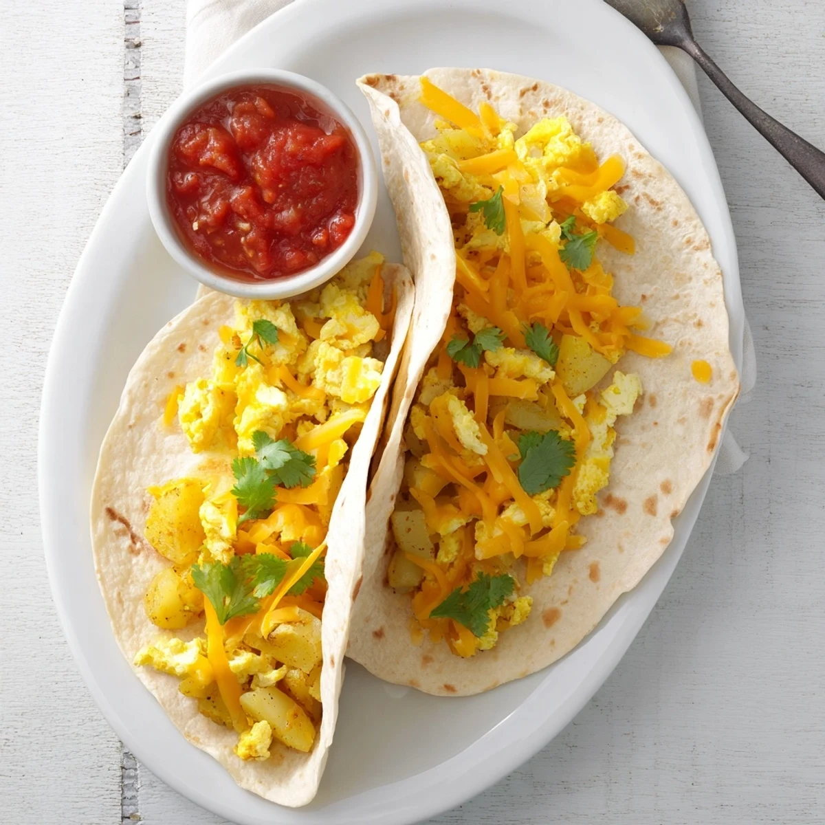 Vegetarian breakfast tacos featuring tender potato cubes, scrambled eggs, and shredded cheese in soft tortillas