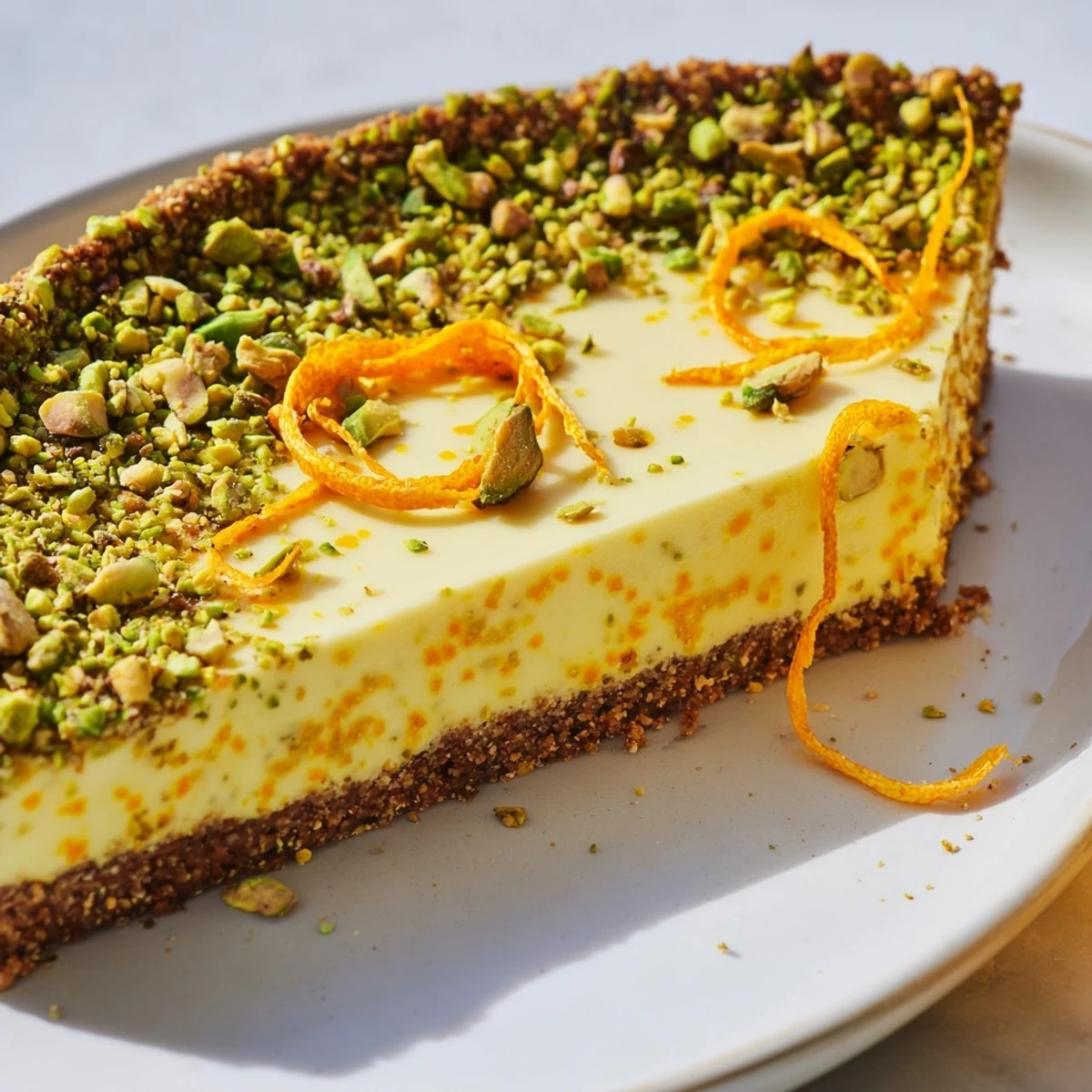 Creamy orange cardamom filling baked in a crisp green pistachio crust, garnished with fresh zest