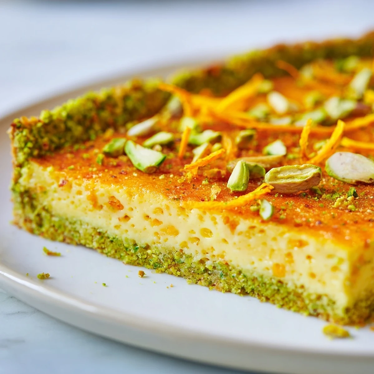 Elegant orange cardamom tart featuring smooth citrus filling in a nutty pistachio crust, topped with chopped pistachios