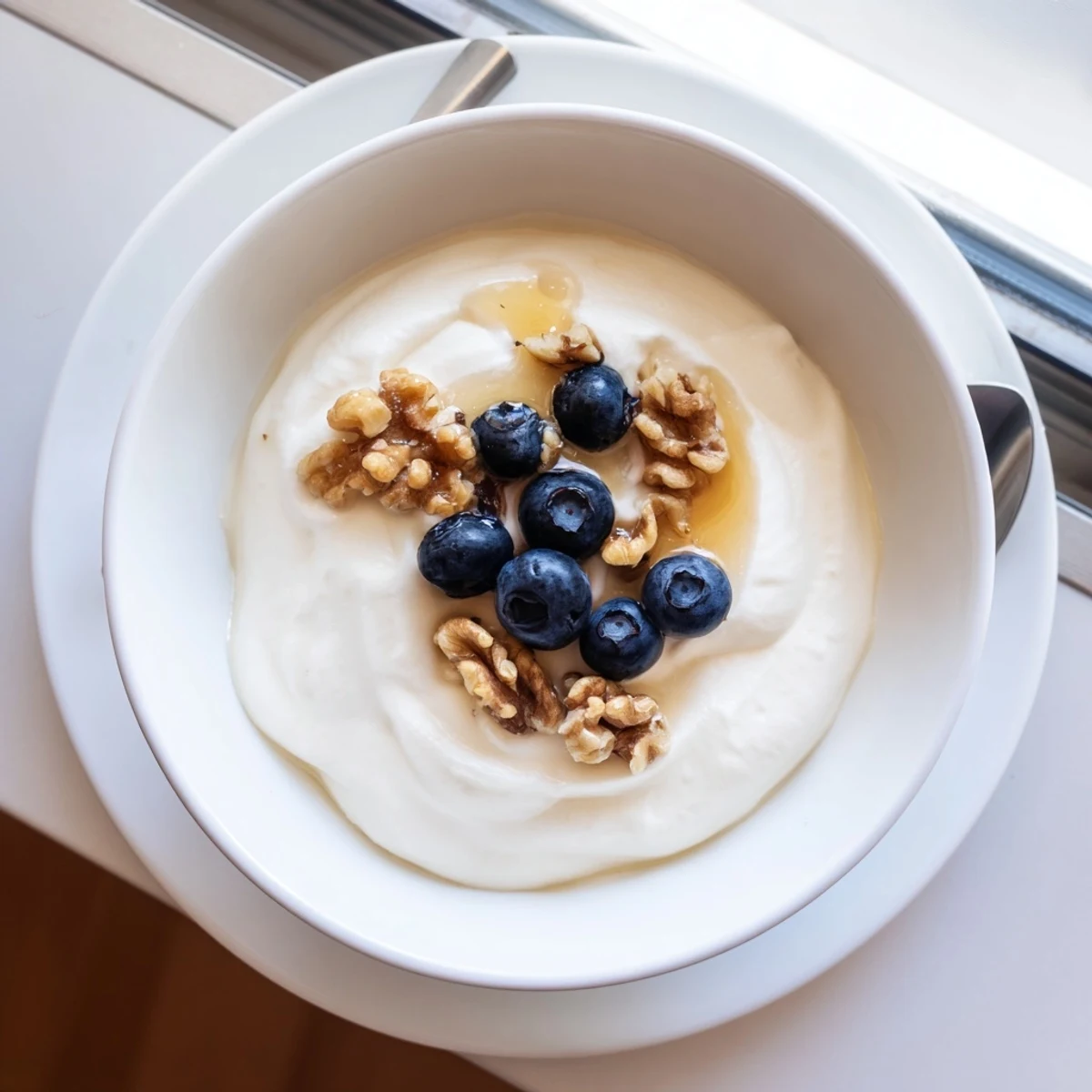 Bowl of tangy Greek yogurt with a metal spoon ready for fresh berries and granola garnish