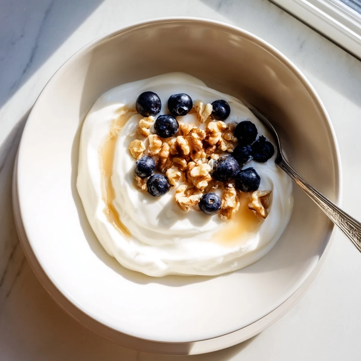 Thick Greek yogurt strained through cheesecloth showing the rich, velvety texture perfect for Mediterranean breakfast