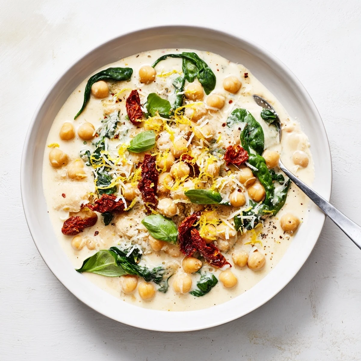 Creamy Marry Me Chickpeas served in a skillet with wilted spinach and fresh basil garnish