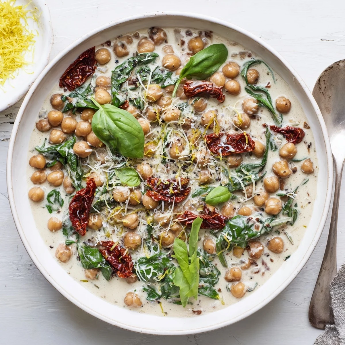 Golden chickpeas simmered in aromatic herb sauce with sun-dried tomatoes and lemon zest topping