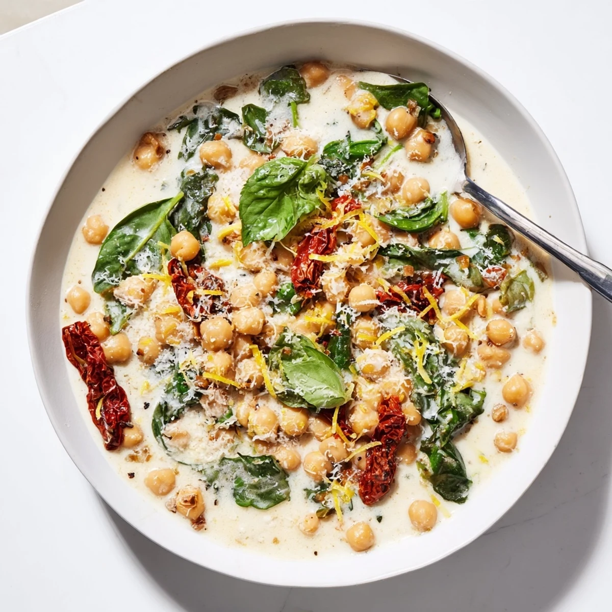 Hearty bowl of Marry Me Chickpeas featuring cream sauce, Parmesan swirls, and crusty bread on the side