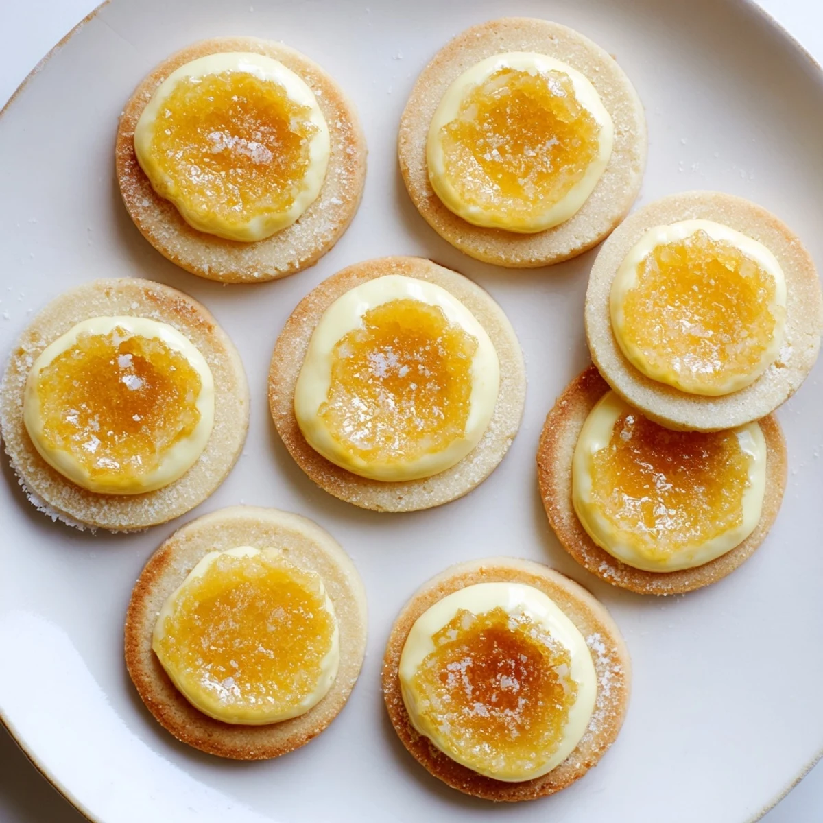 Golden crème brûlée shortbread cookies with crackled caramelized sugar tops on a white plate