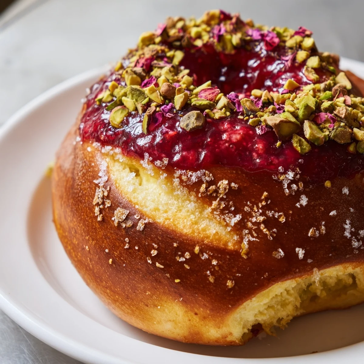 Golden raspberry and rose cheesecake buns topped with vibrant red raspberry compote and creamy cheesecake filling