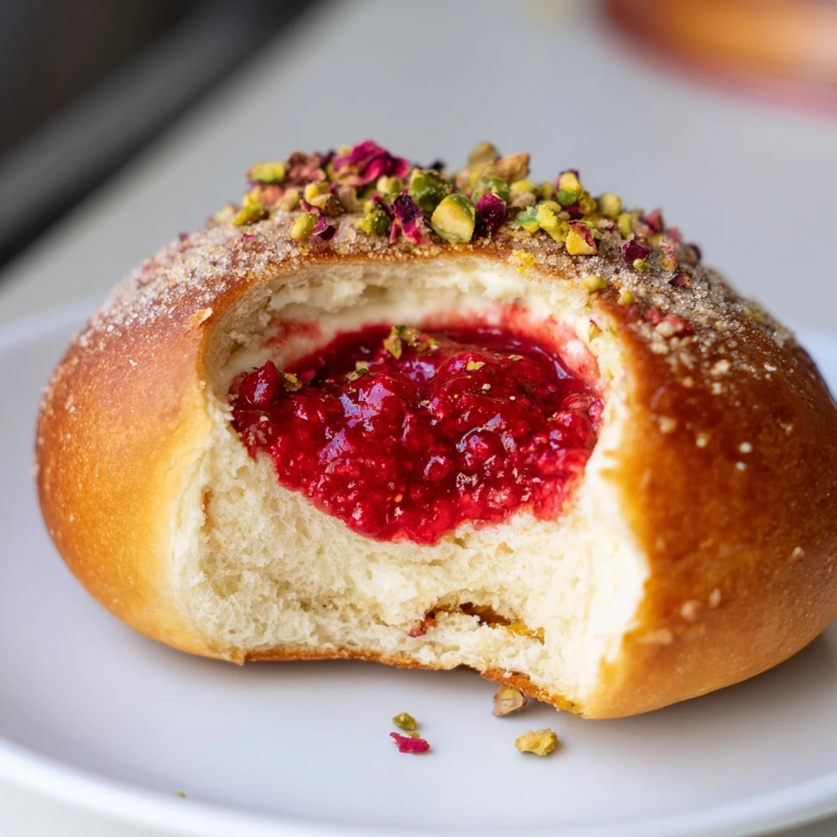 Soft pillowy raspberry and rose cheesecake buns garnished with chopped pistachios on a wooden serving board