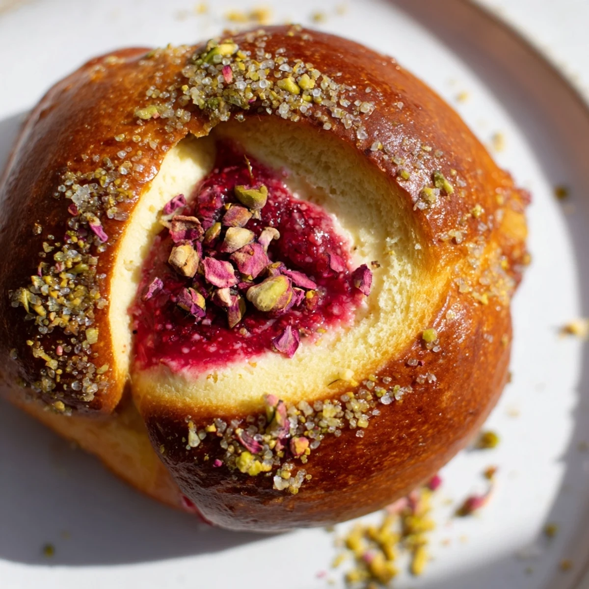 Freshly baked raspberry and rose cheesecake buns with golden brown crusts and sweet floral cream cheese centers