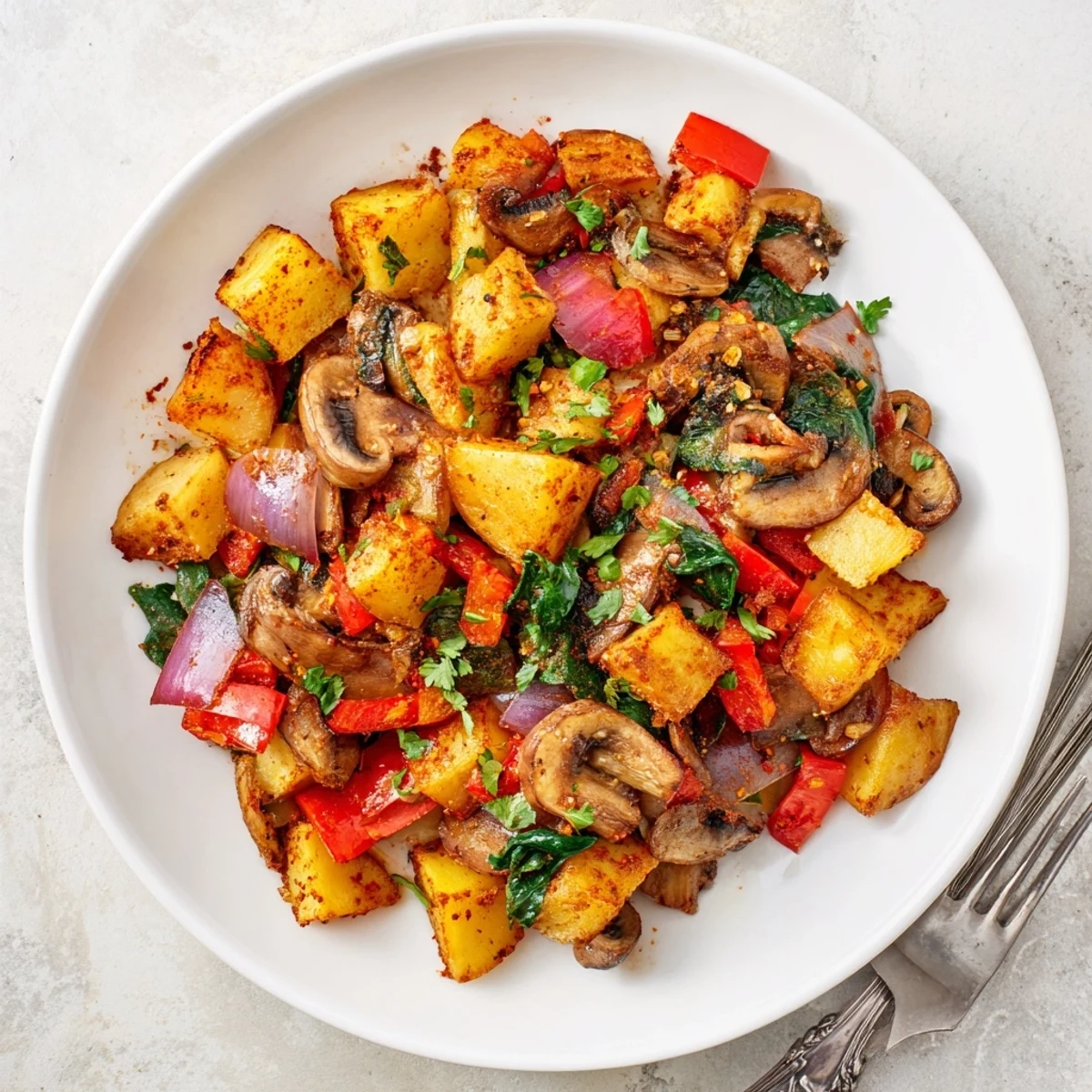 Golden crispy vegan breakfast hash with colorful bell peppers and fresh spinach garnish