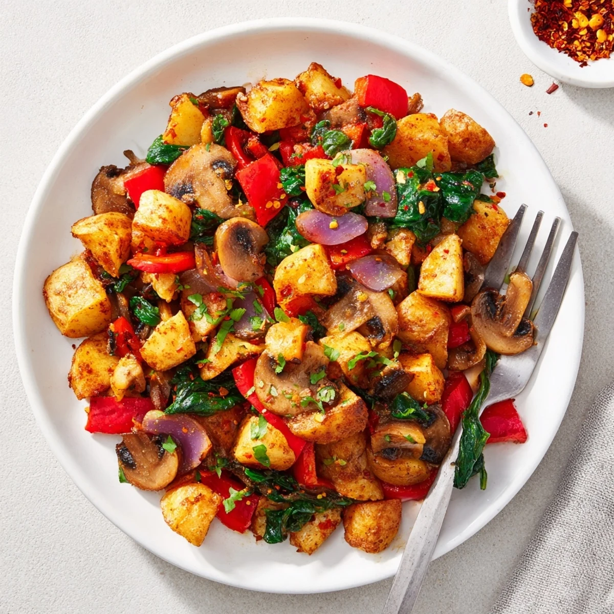 Flavorful vegan breakfast hash plated with mushrooms, onions, and chopped fresh parsley