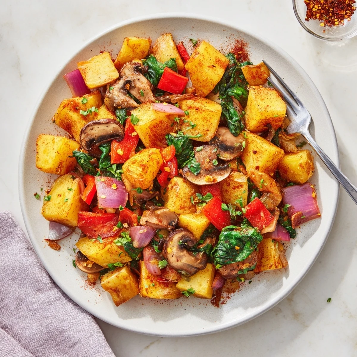 Hearty skillet of vegan breakfast hash loaded with diced potatoes and aromatic spices