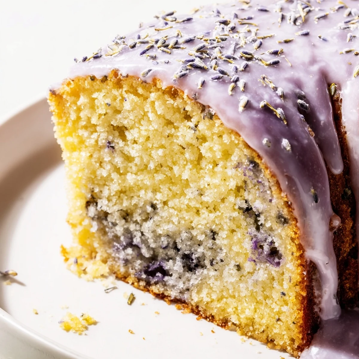 Lavender cake with lemon glaze drizzled over a tender golden crumb, garnished with purple buds