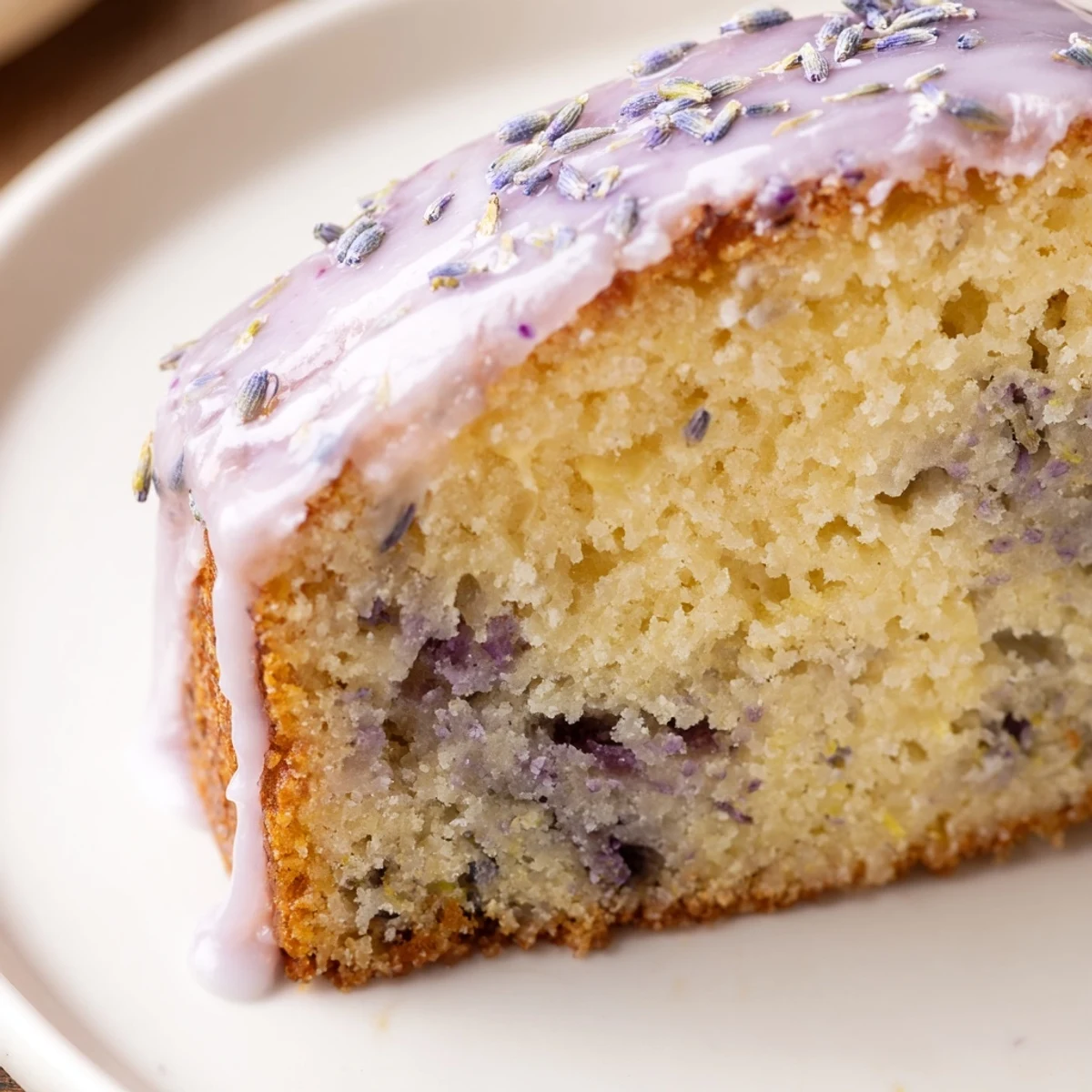 A slice of moist lavender cake on a decorative plate, topped with sweet citrus icing