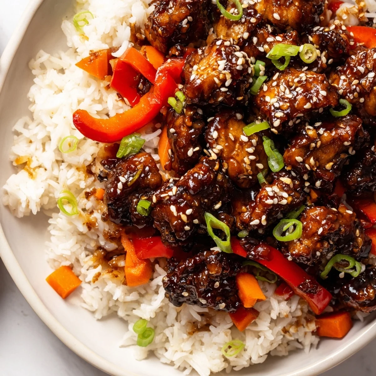 Glossy One Pan Korean BBQ Chicken and Rice topped with green onions in a cast iron skillet