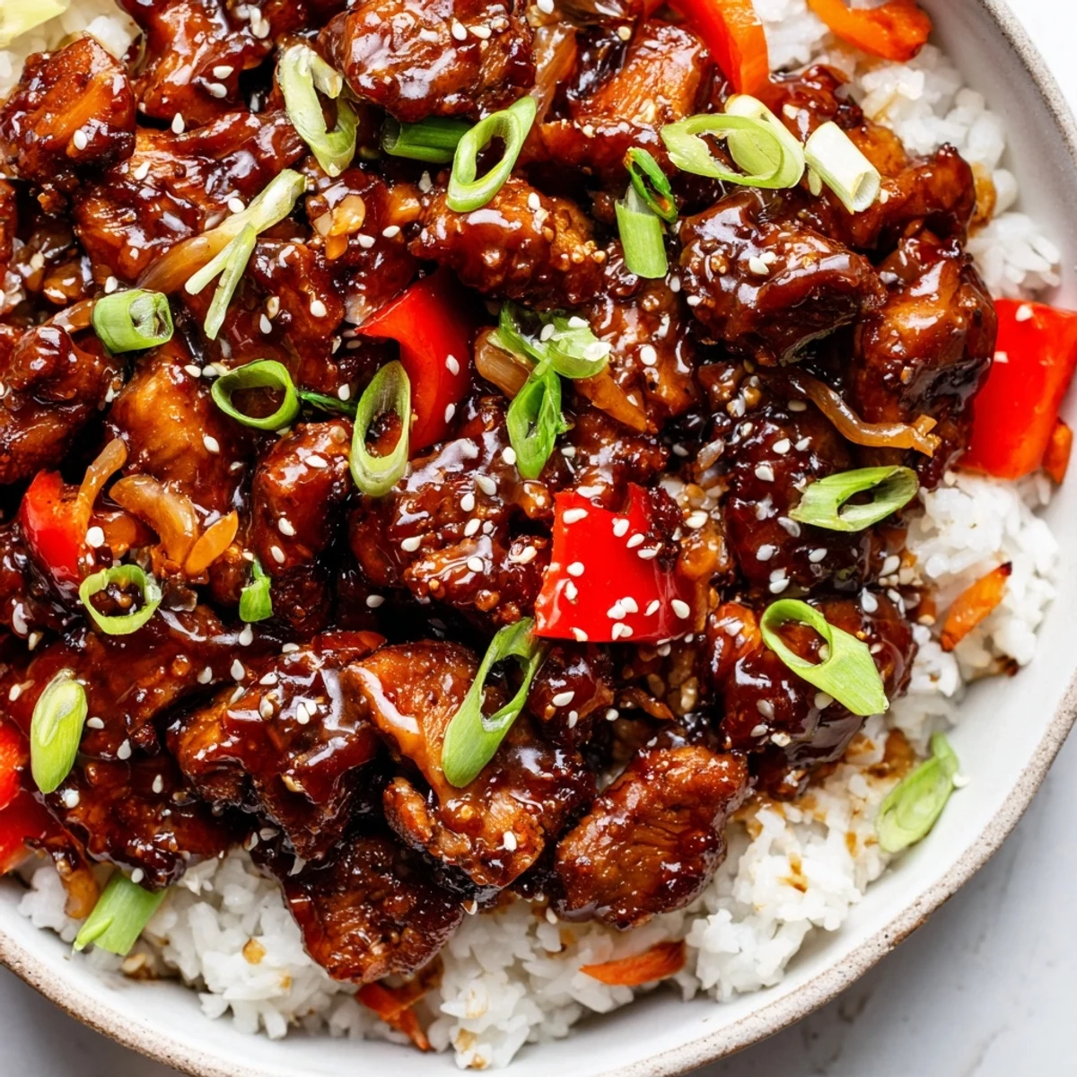 Steaming bowl of One Pan Korean BBQ Chicken and Rice garnished with sesame seeds