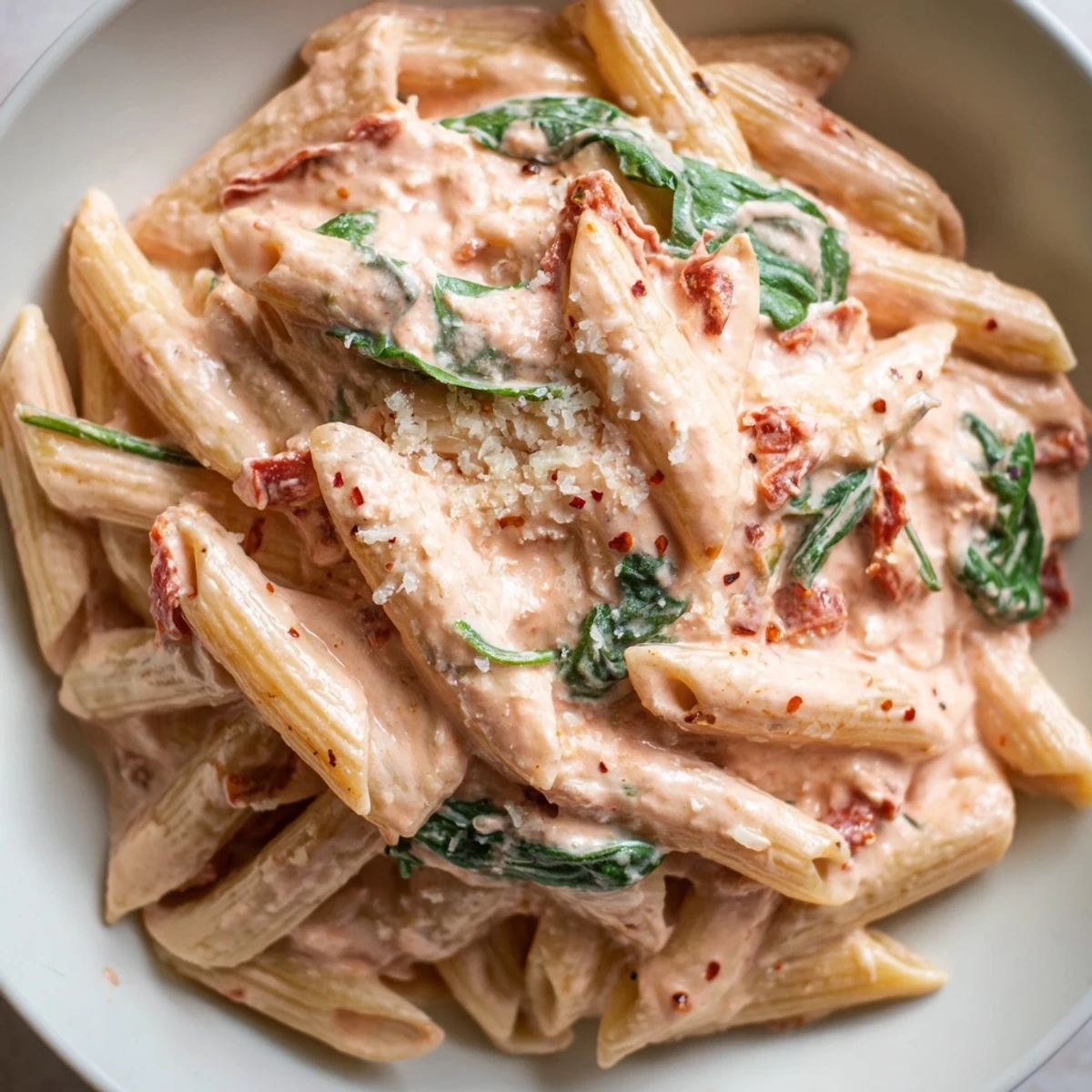Creamy sun dried tomato spinach pasta in a rustic skillet with velvety sauce coating every tender noodle