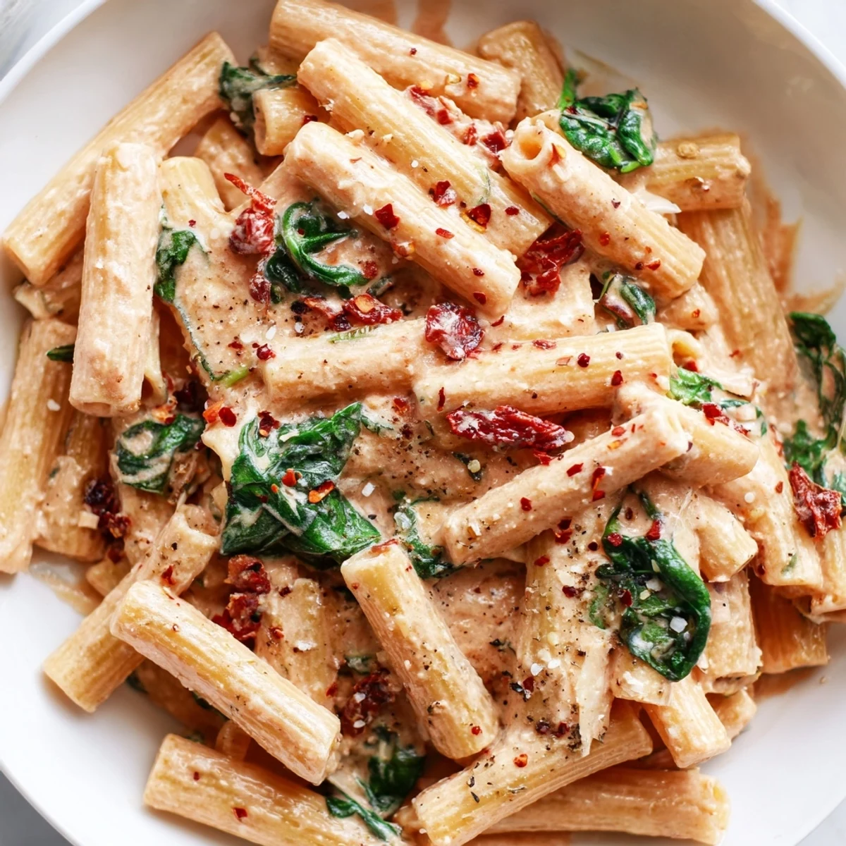 One pan creamy sun dried tomato spinach pasta topped with grated Parmesan in a white bowl