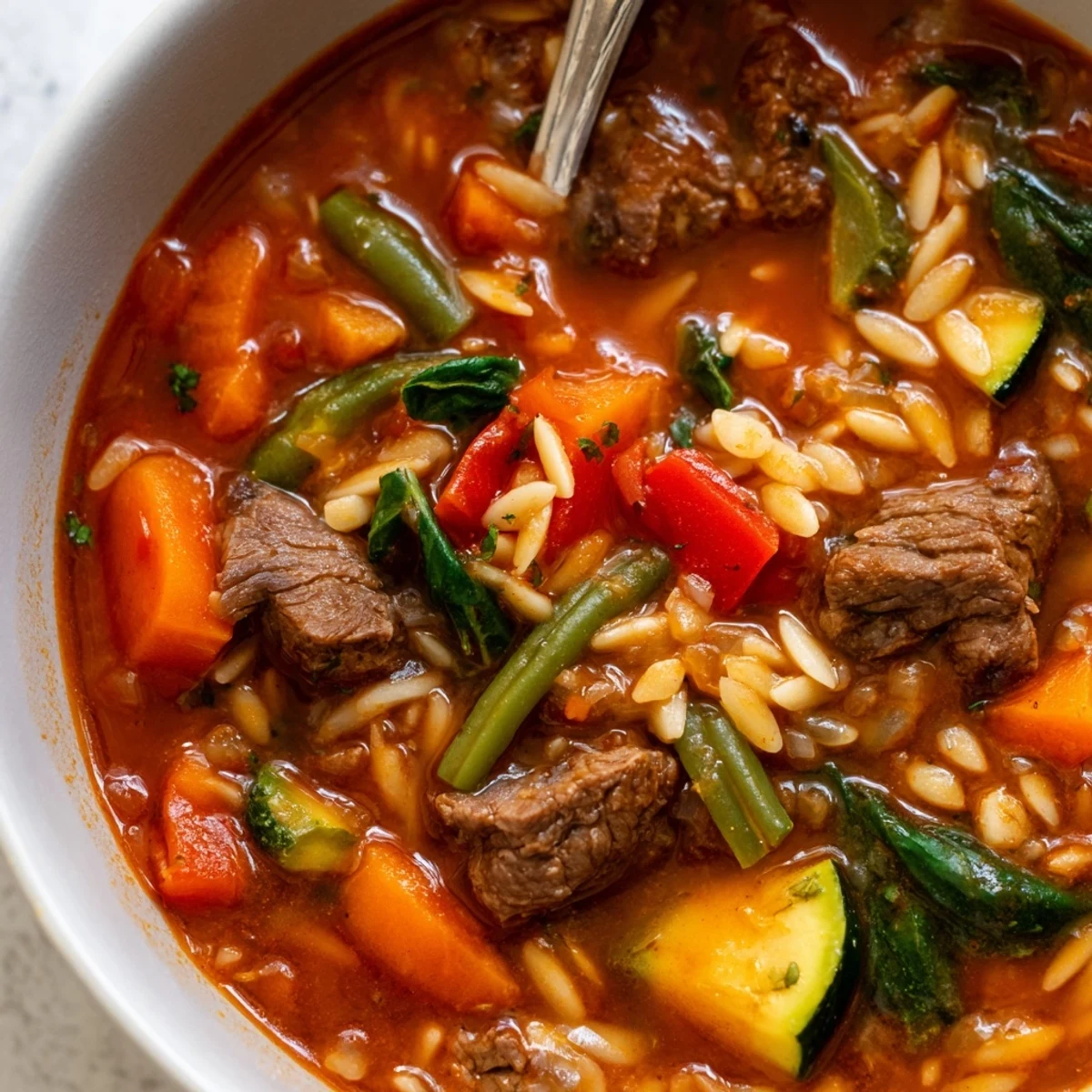 Steaming bowl of hearty beef and orzo soup brimming with colorful garden vegetables