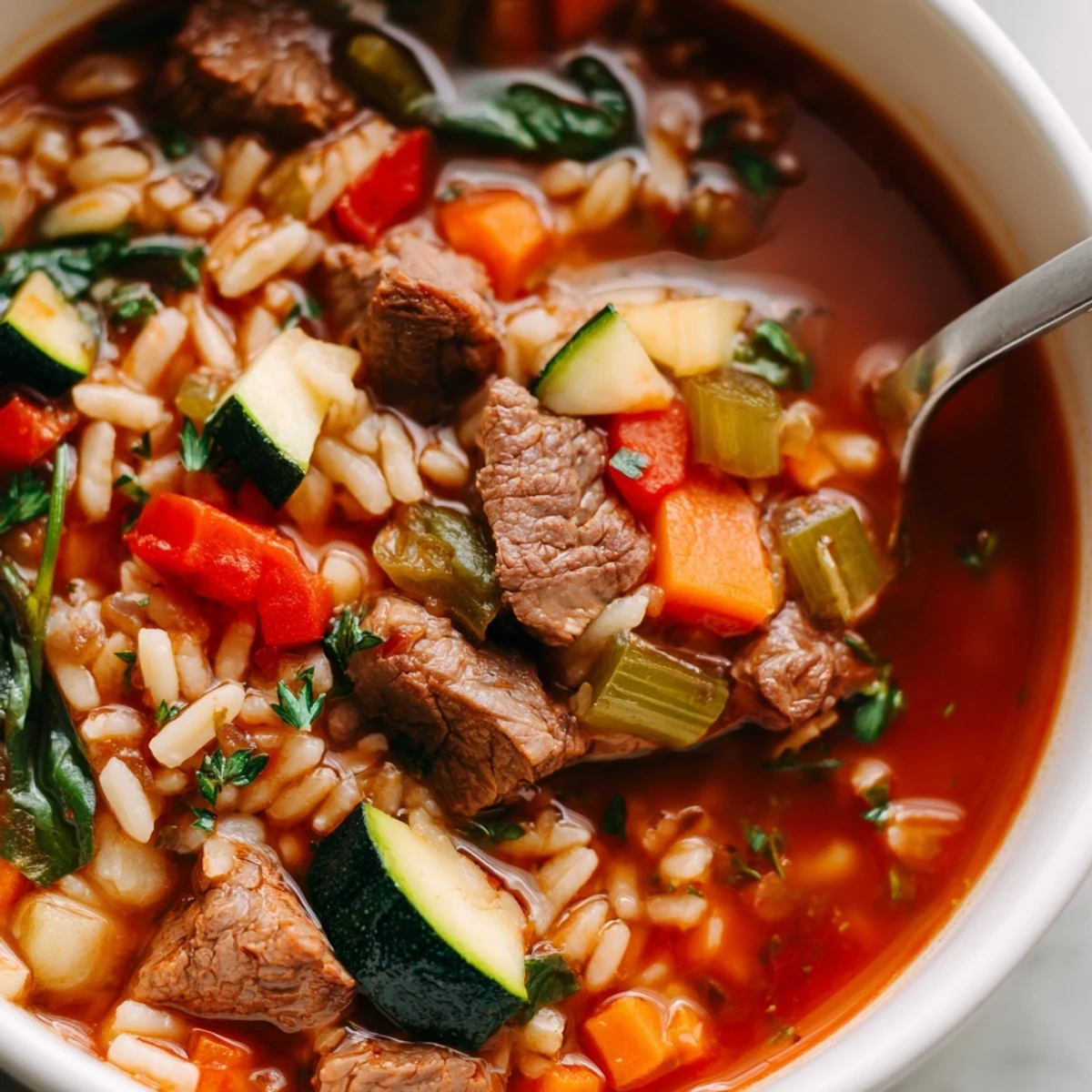 Hearty beef and orzo soup featuring tender meat and vibrant vegetables in savory broth
