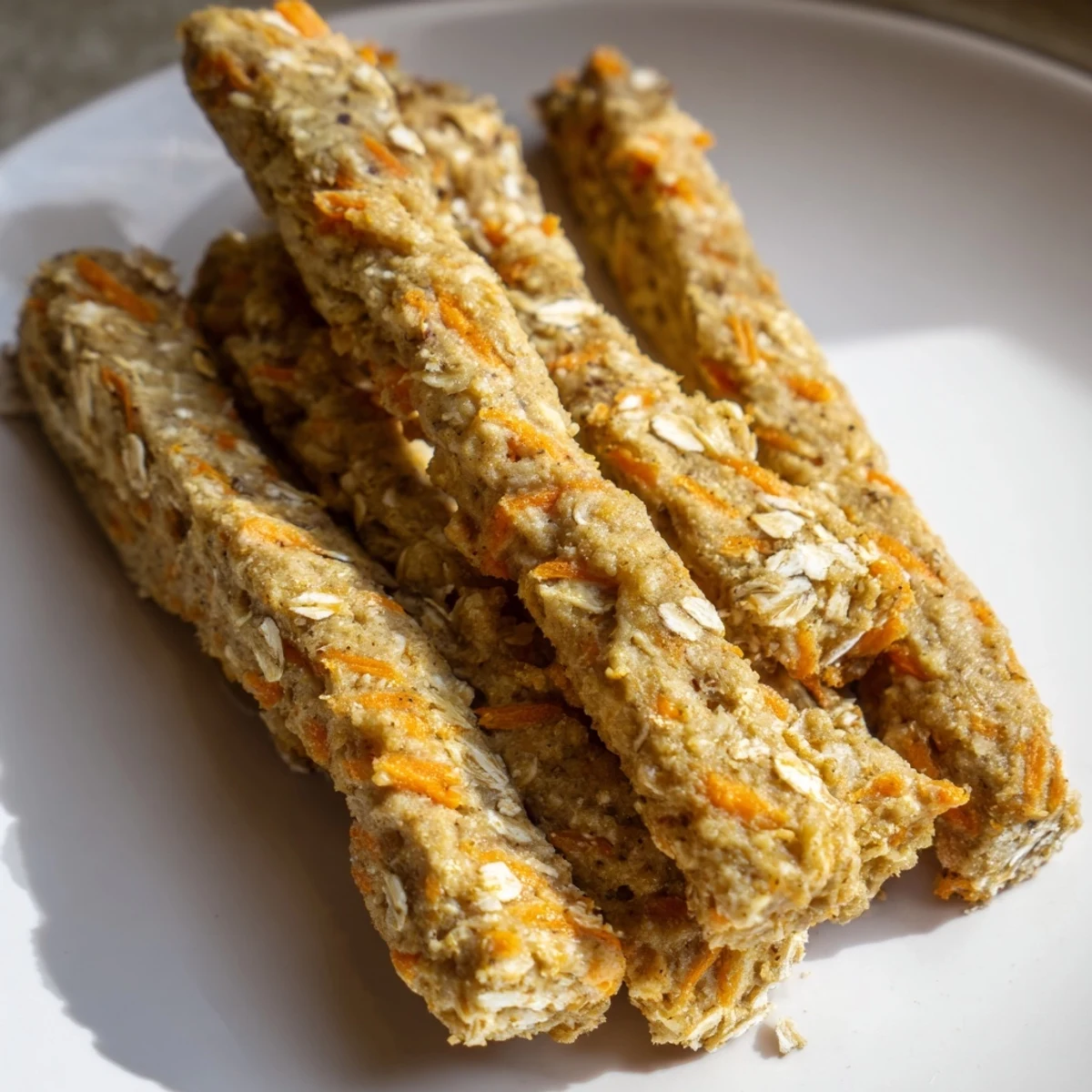 Golden homemade apple and carrot dog chew sticks arranged on a rustic baking sheet for wholesome puppy treats