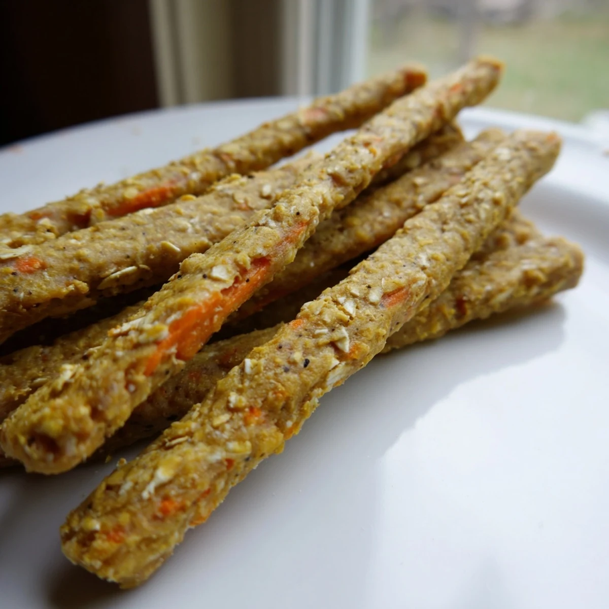 Crunchy apple and carrot dog chew sticks with visible flecks of orange carrot and healthy grains