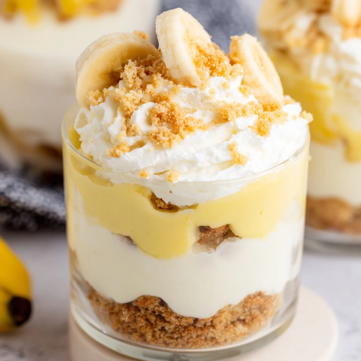 No bake banana pudding cheesecake cups topped with golden cookie crumbs, sliced bananas, and a fluffy whipped cream swirl
