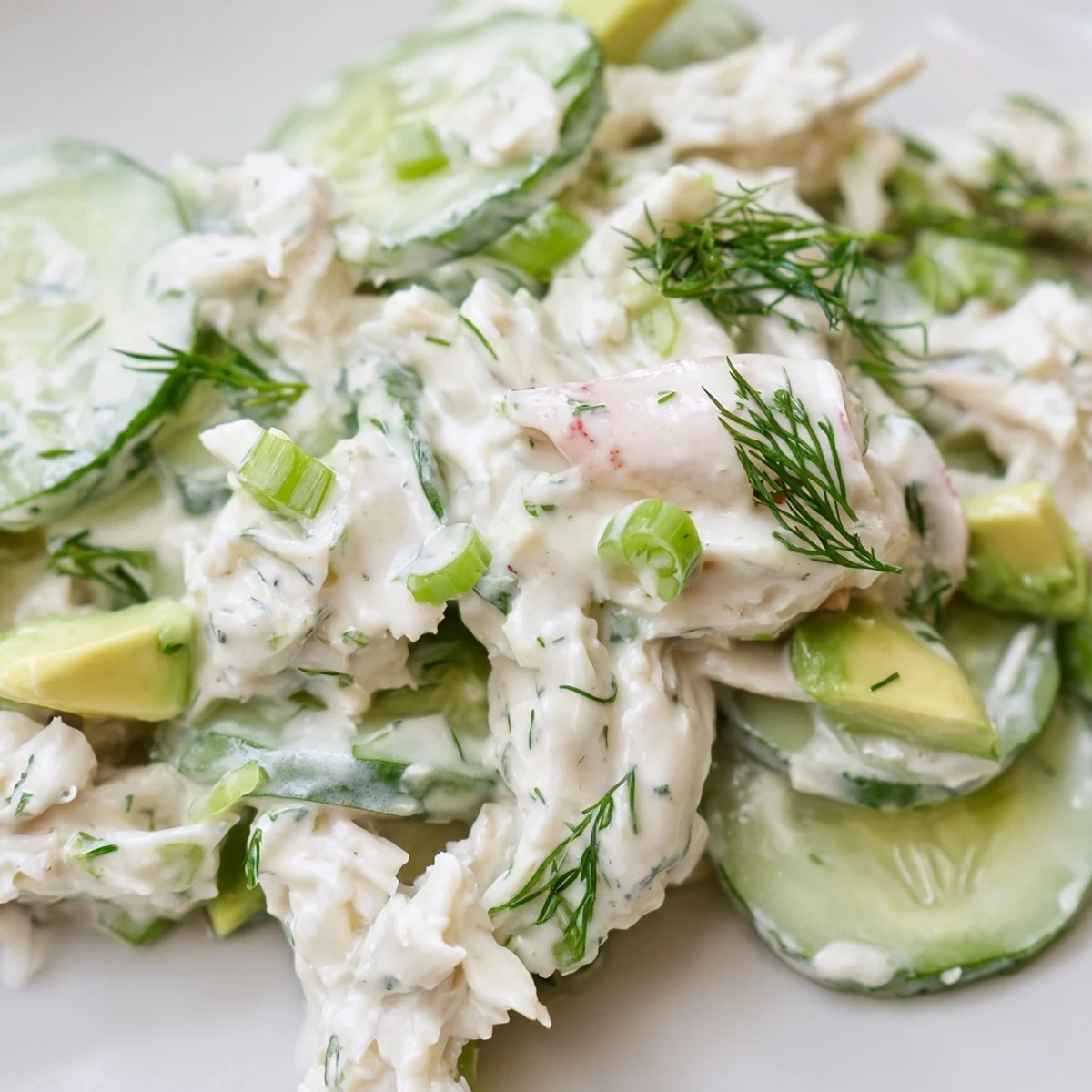 Crisp cucumber salad with crab meat topped with fresh dill and lemon wedges