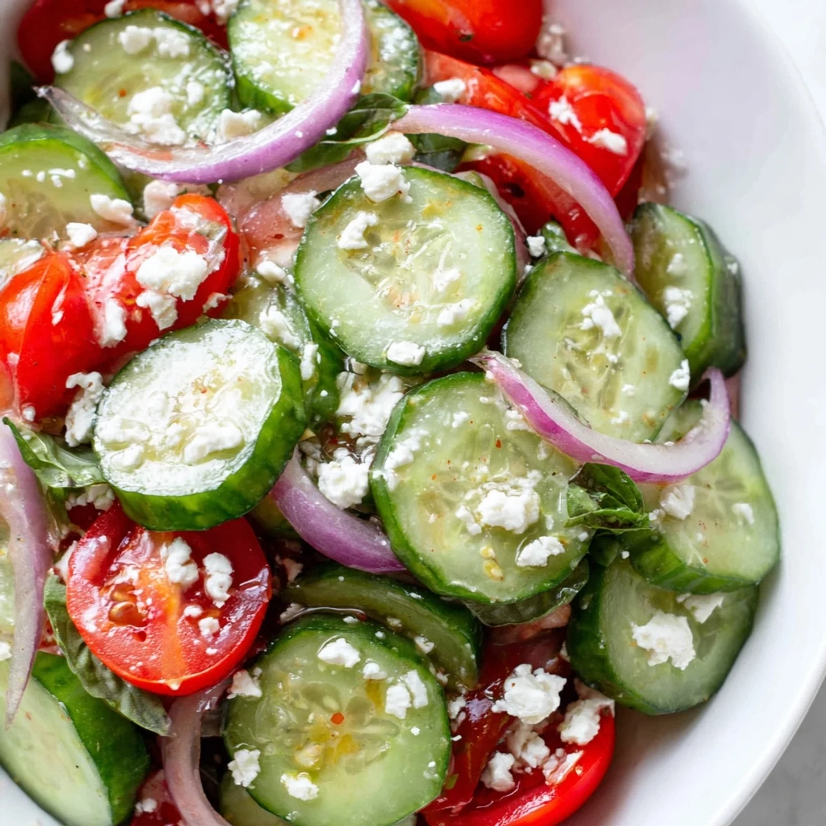 Italian cucumber salad with ripe tomatoes and red onions in zesty herb dressing
