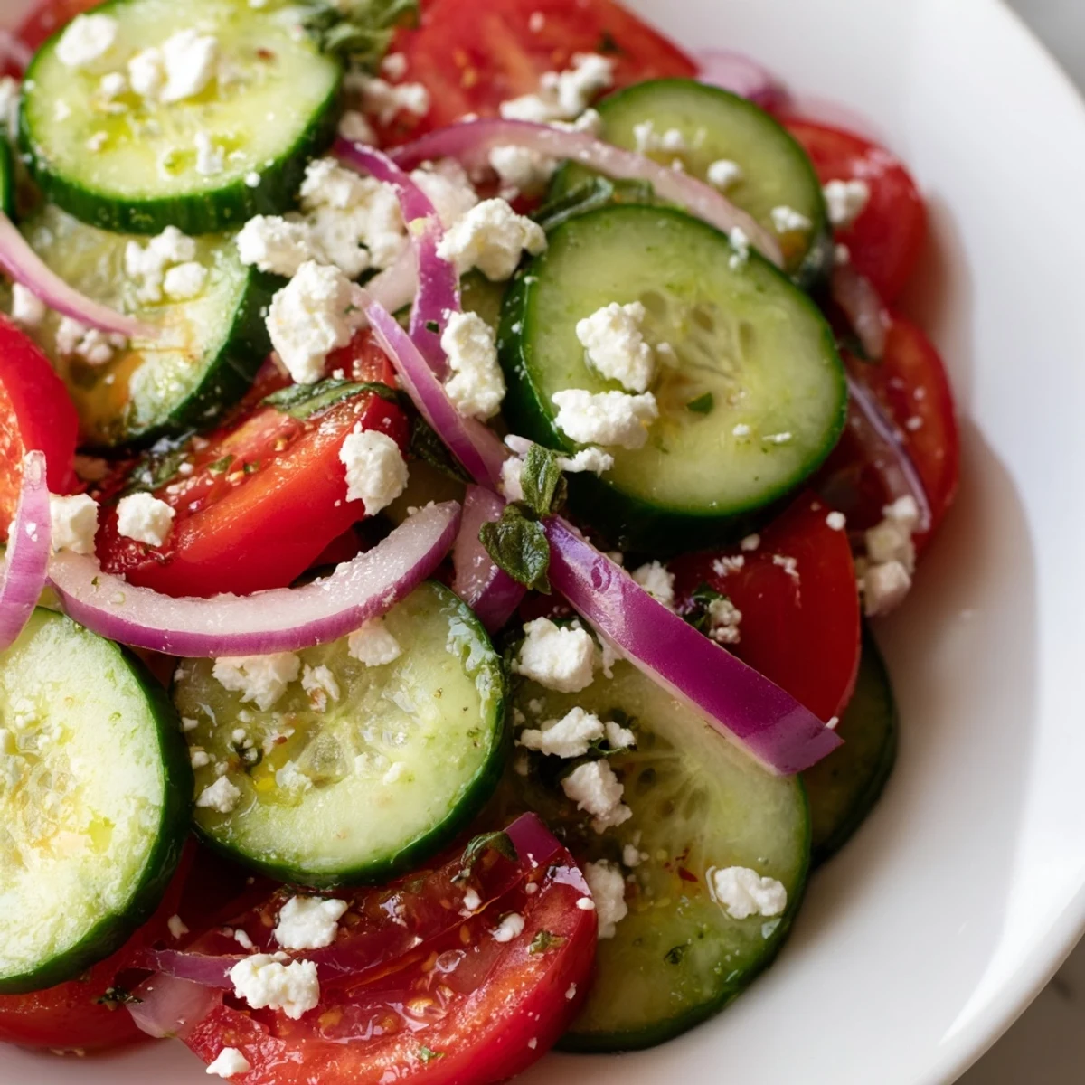 Colorful Italian cucumber salad featuring crunchy vegetables and glistening oil in a white bowl