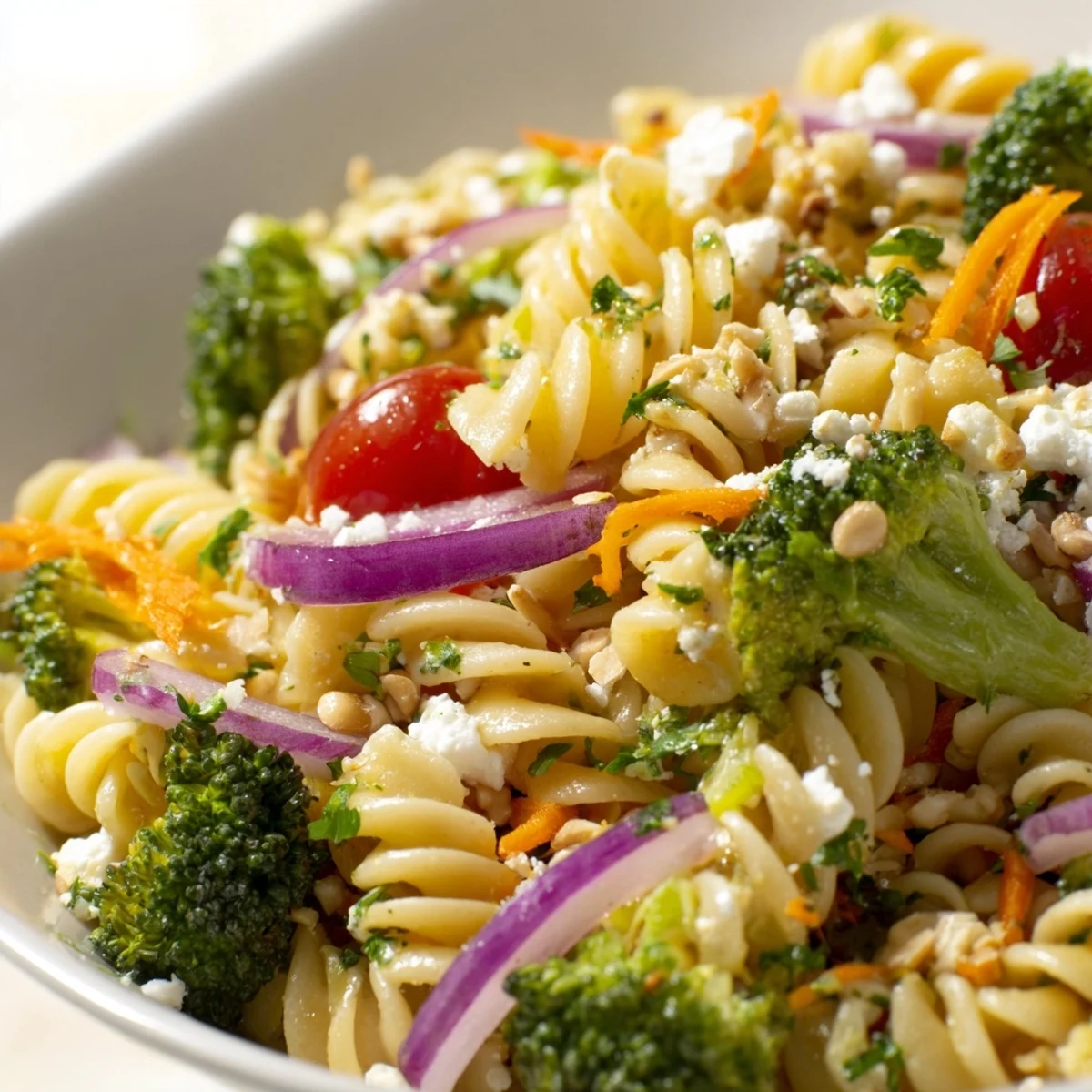 Fresh broccoli pasta salad in a white bowl topped with crumbled feta and sunflower seeds